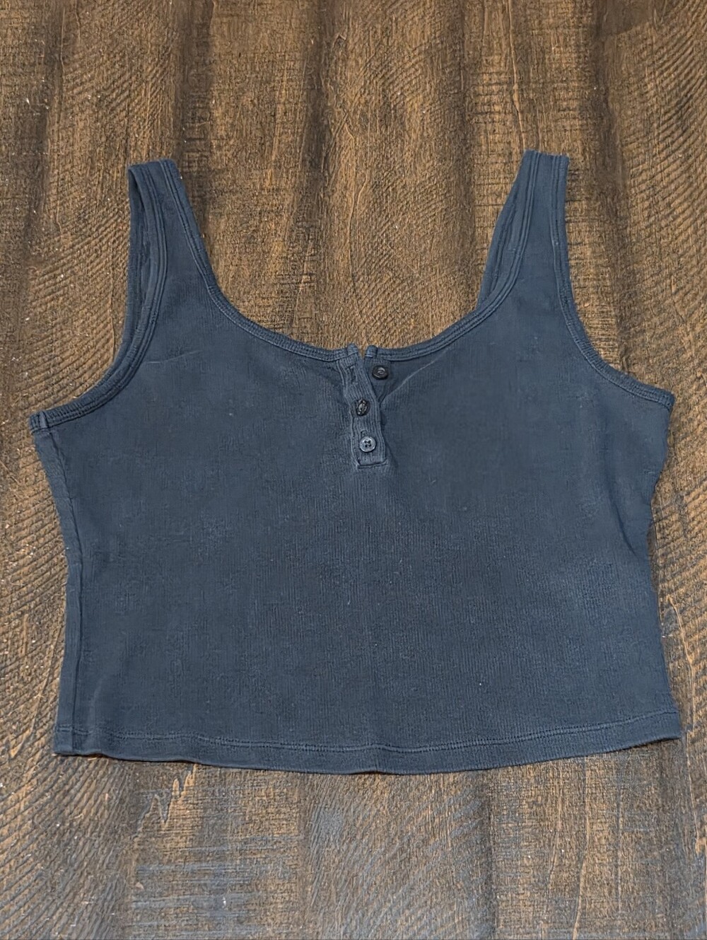 Hollister Washed Black Ribbed Henley Cropped Tanktop